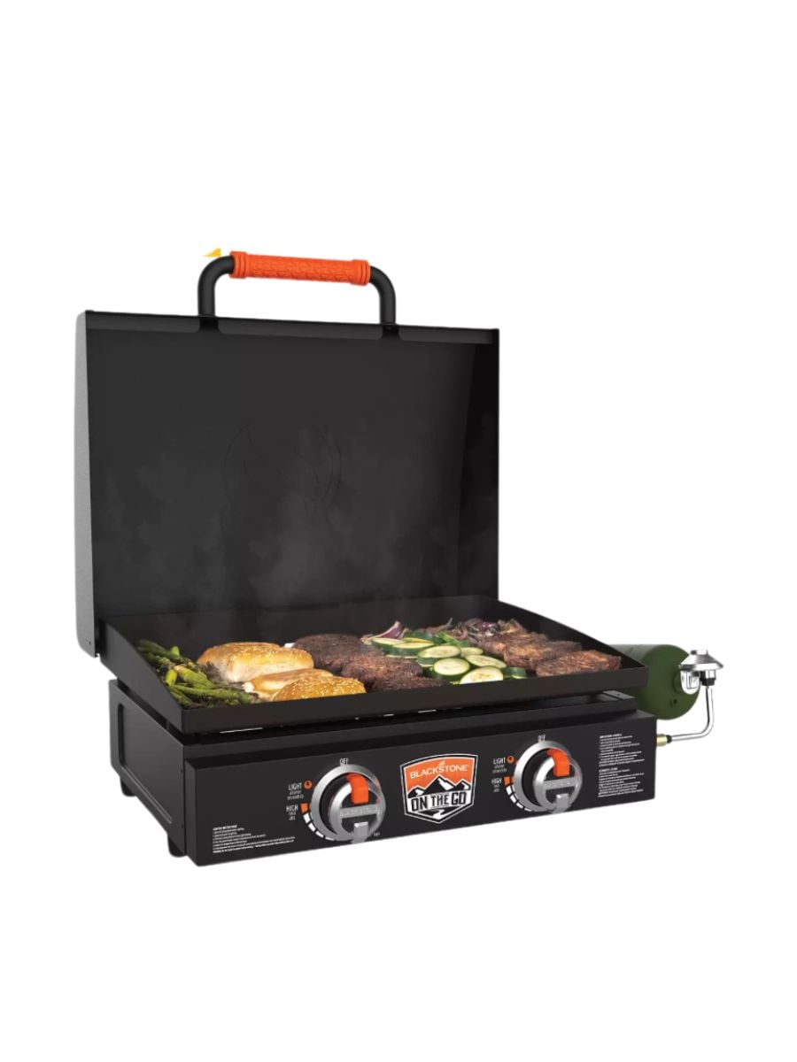 black griddle with food on it