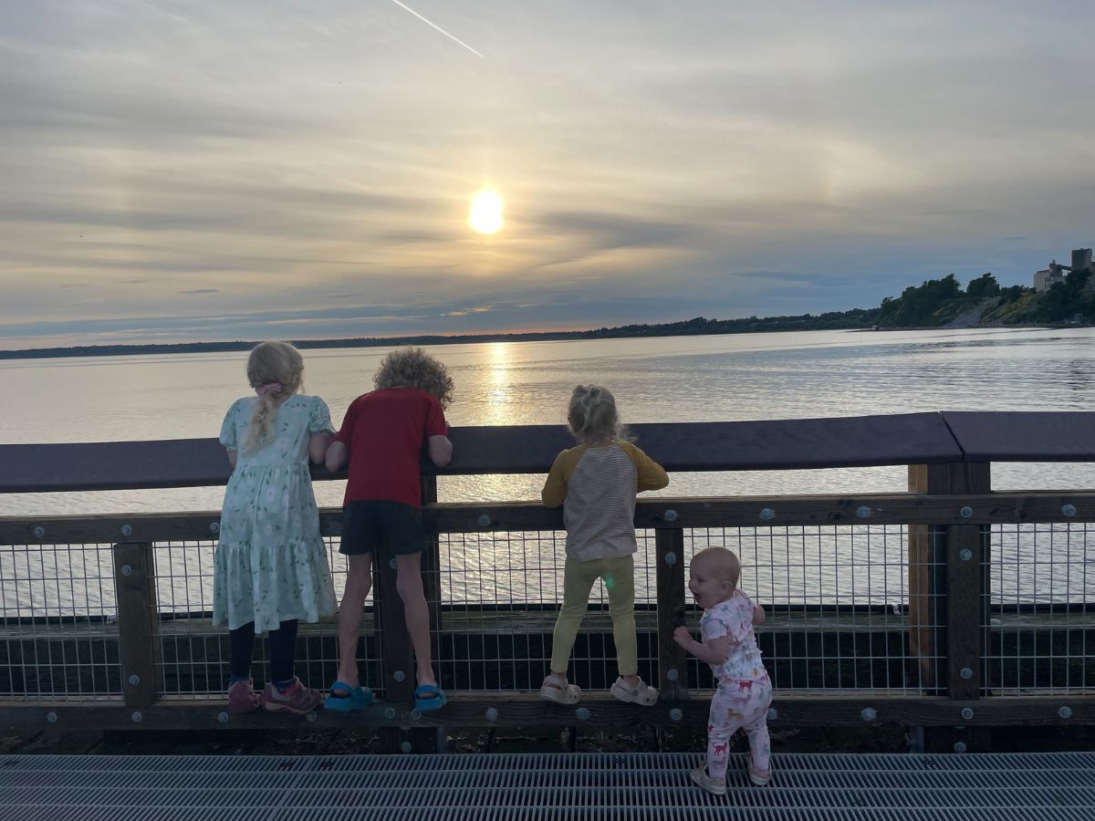 Four children watch the sunset over a lake.