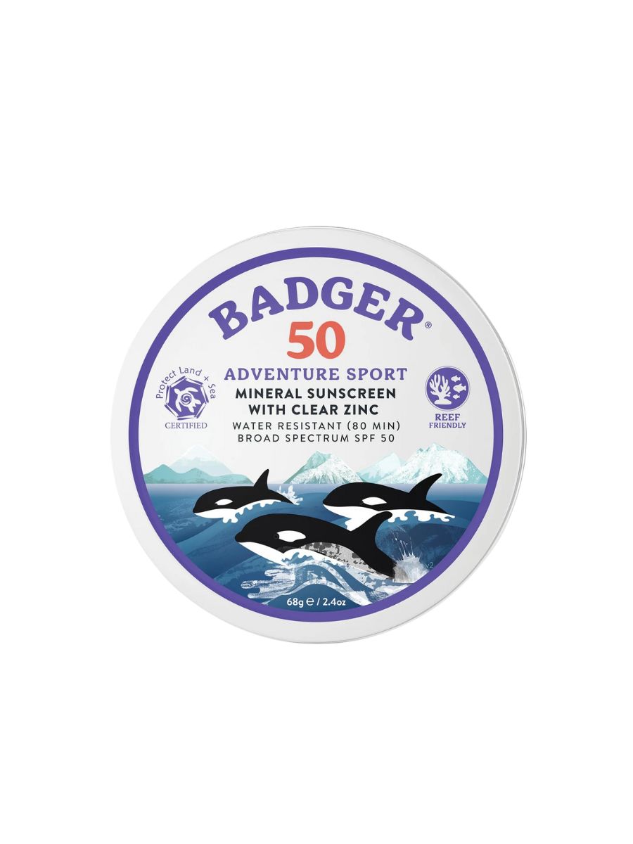 A stock image of Badger 50 sunscreen tin.