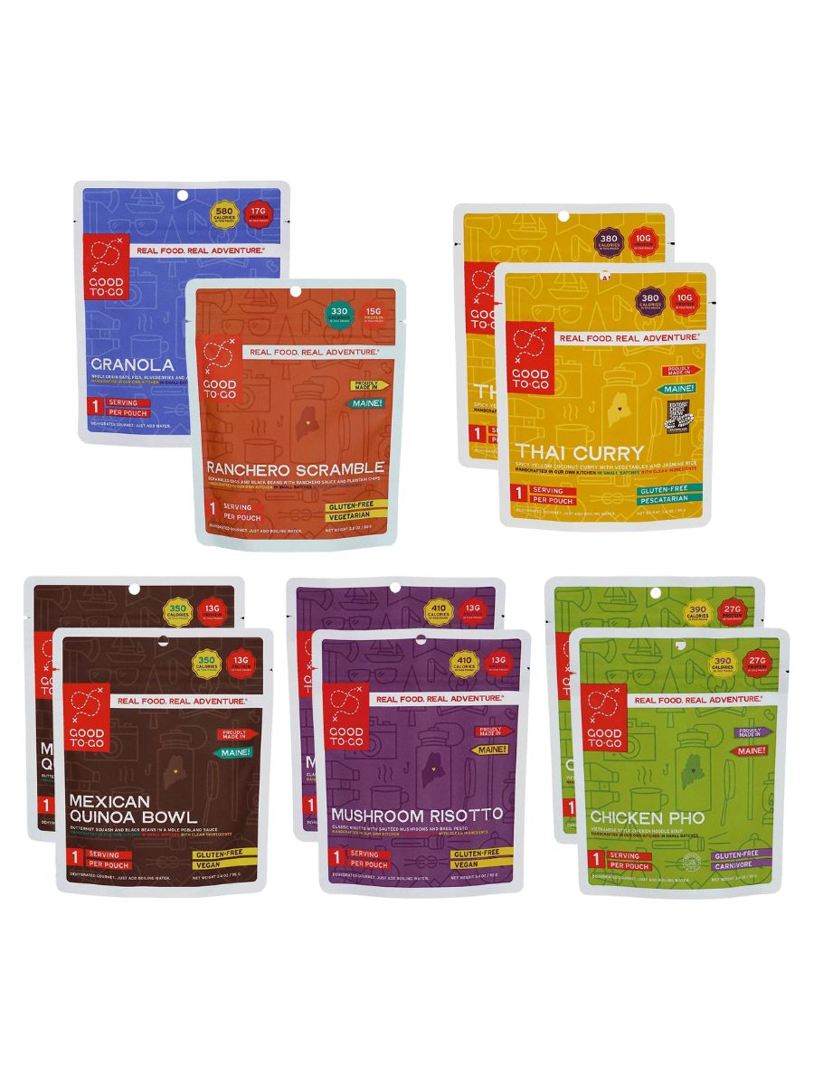 A stock image of some colorful backpacking food packages