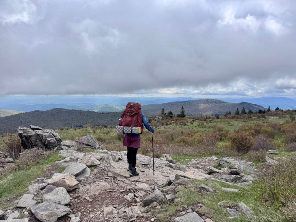 A woman with a backpack on looks at a vista.