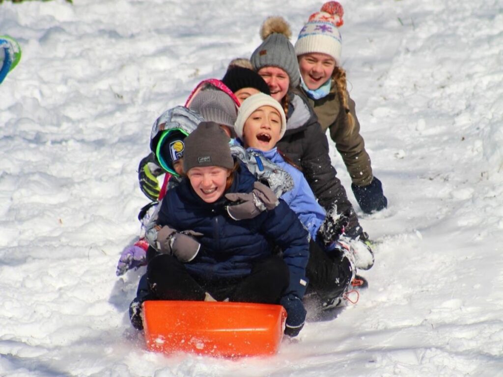A group of girls goes sledding.