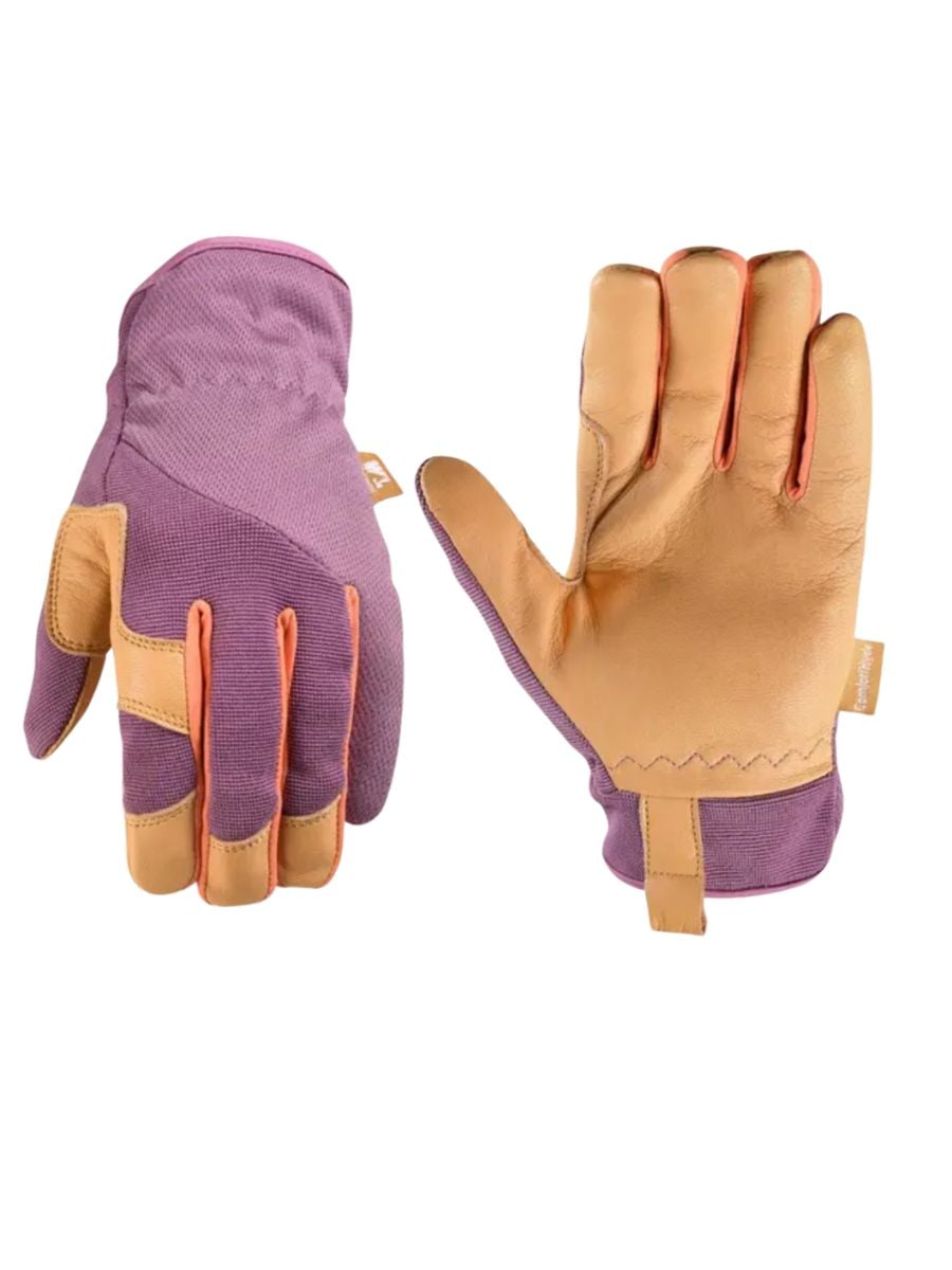 Purple and brown leather garden gloves