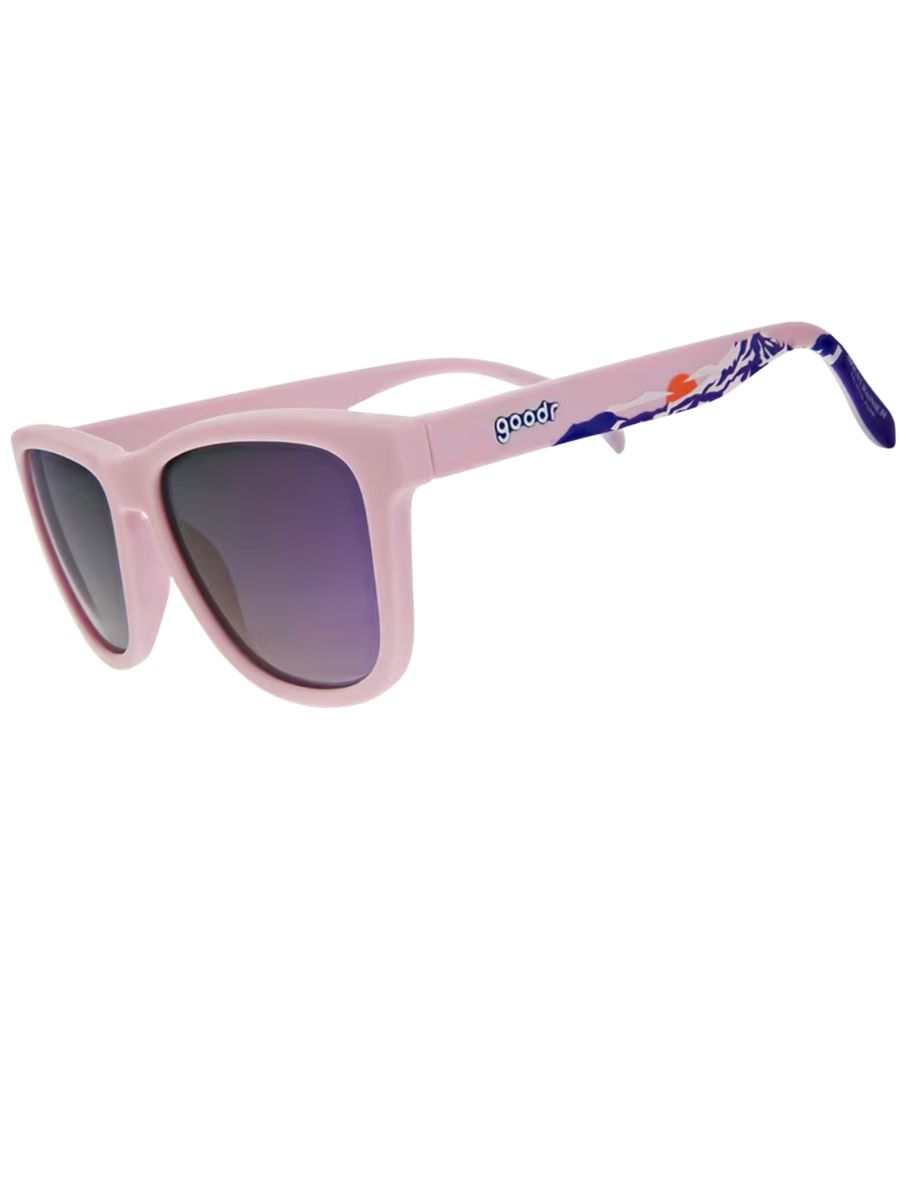pink sunglasses with mountains on temple