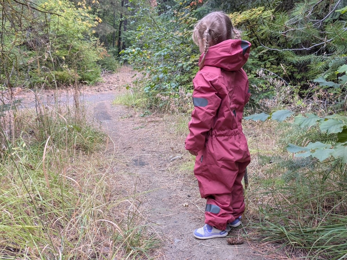 Reima Fall Hiking horizontal 16 4 year old in a Reima Fall hiking jumpsuit wearing Reima shoes
