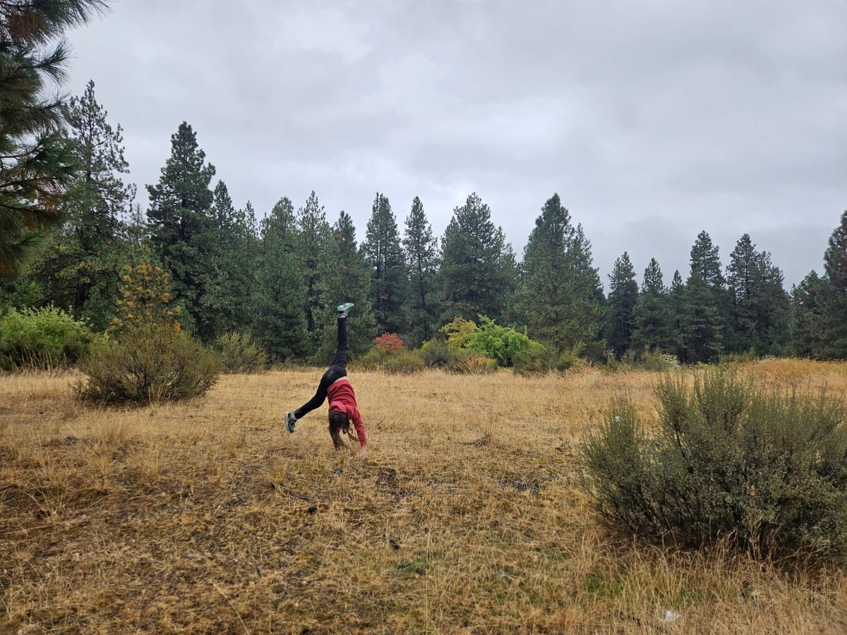 Reima Fall Hiking horizontal 19 Girl doing a cartwheel in a field wearing Menoon Reima pants