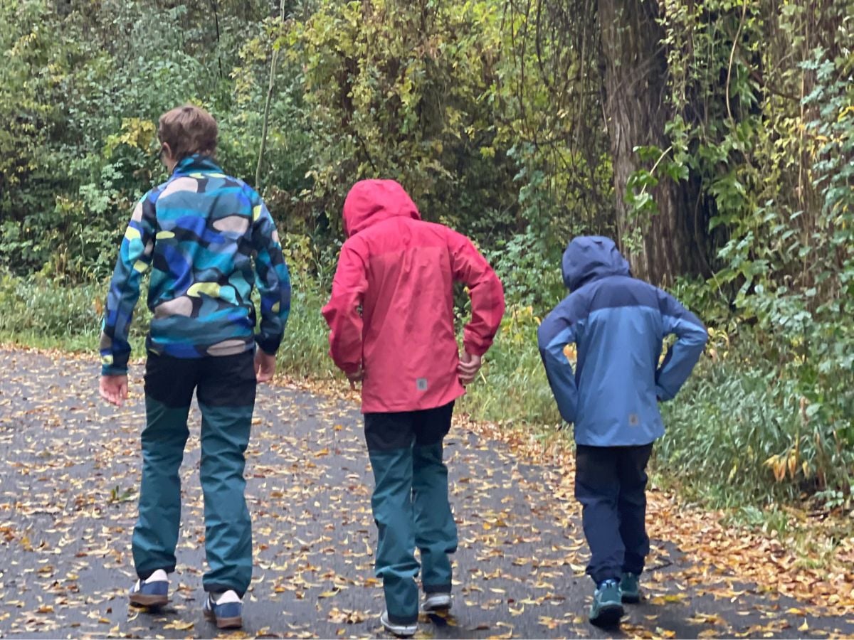 Three boys walk down a wooded path dressed in rain gear.